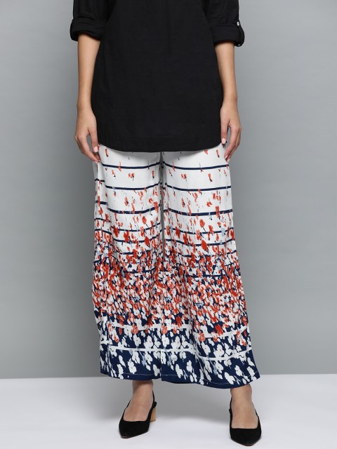 

AASI - HOUSE OF NAYO Women Off-White & Navy Blue Printed Straight Palazzos