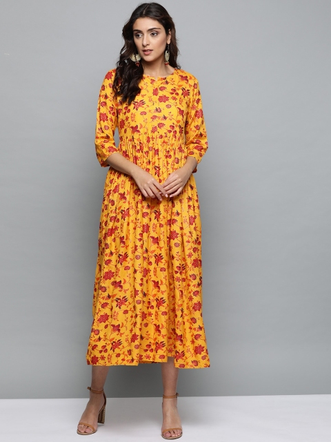

AASI - HOUSE OF NAYO Women Mustard Yellow & Red Printed A-Line Dress