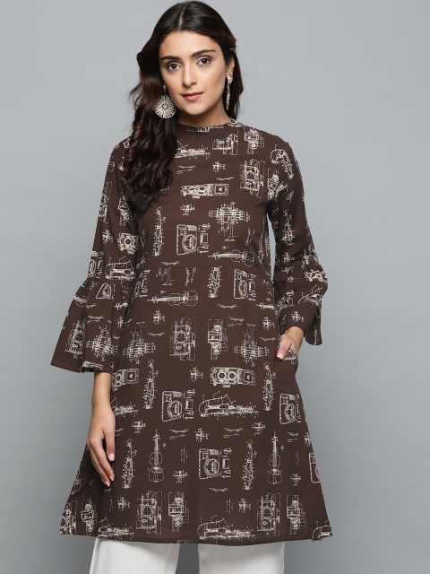 

AASI - HOUSE OF NAYO Women Coffee Brown & Off-White Quirky Printed A-Line Kurta
