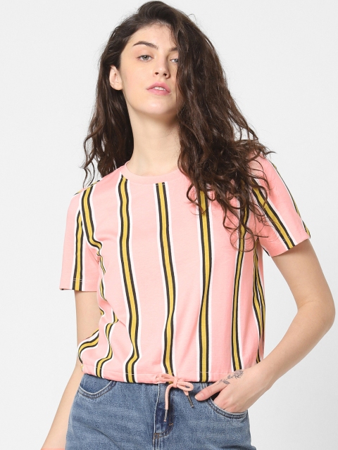 

ONLY Women Pink & Mustard Yellow Striped Boxy Top with Waist Tie-Up Detailing