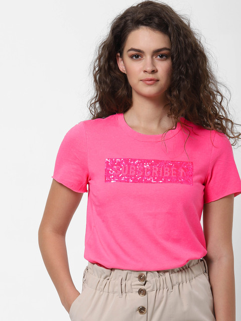 

ONLY Women Pink Slim Fit Embellished Round Neck Pure Cotton T-shirt