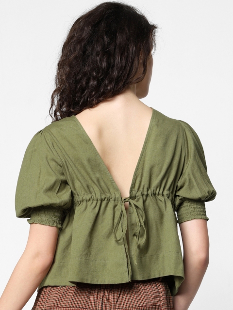 

ONLY Women Olive Green Solid Styled Back Pure Cotton Top