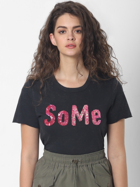 

ONLY Women Black Dyed Sequinned Round Neck Pure Cotton T-shirt