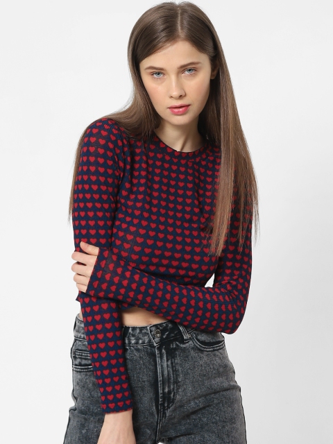 

ONLY Women Navy Blue Printed Round Neck Cropped T-shirt
