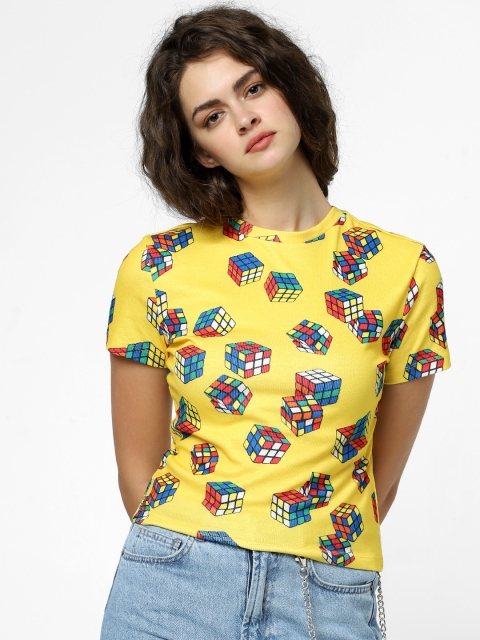 

ONLY Women Yellow & Blue Printed Round Neck T-shirt