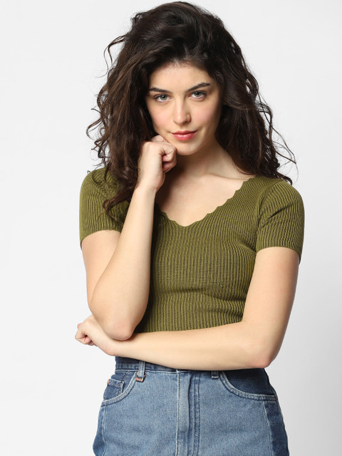 

ONLY Women Olive Green Ribbed Regular Top