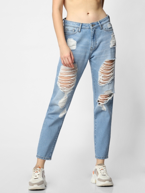 

ONLY Women Blue Tonni Boyfriend Fit Mid-Rise Highly Distressed Cropped Jeans