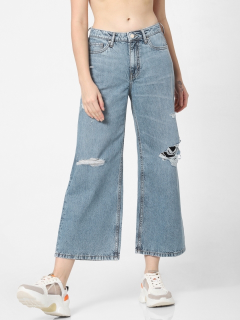 

ONLY Women Blue Molly Flared Mid-Rise Mildly Distressed Cropped Jeans