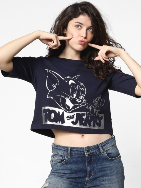 

ONLY Women Navy Blue Printed Round Neck Cropped T-shirt