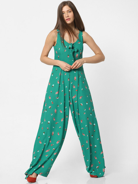 

ONLY Women Teal Green & Pink Printed Basic Jumpsuit with Smocked Detail