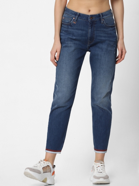 

ONLY Women Blue Emily Straight Fit High-Rise Low Distress Stretchable Jeans