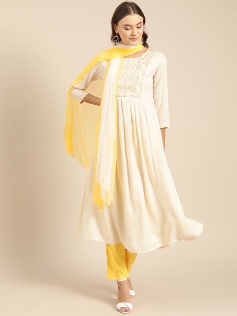 

IMARA Women Beige & Yellow Yoke Design Kurta with Trousers & Dupatta