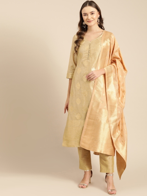 

IMARA Women Beige & Golden Printed Kurta with Trousers & Dupatta