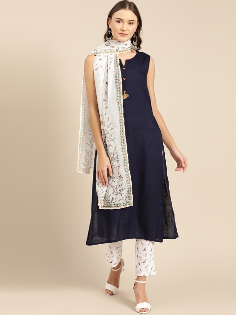 

IMARA Women Navy Blue & White Solid Kurta with Palazzos & Dupatta
