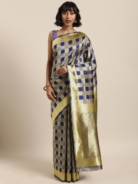 

Saree Swarg Navy Blue & Grey Silk Blend Woven Design Banarasi Saree