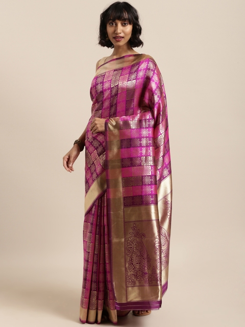 

Saree Swarg Magenta Pink Silk Blend Woven Design Banarasi Saree