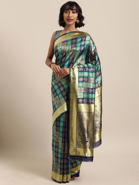 

Saree Swarg Navy Blue & Teal Green Silk Blend Woven Design Banarasi Saree