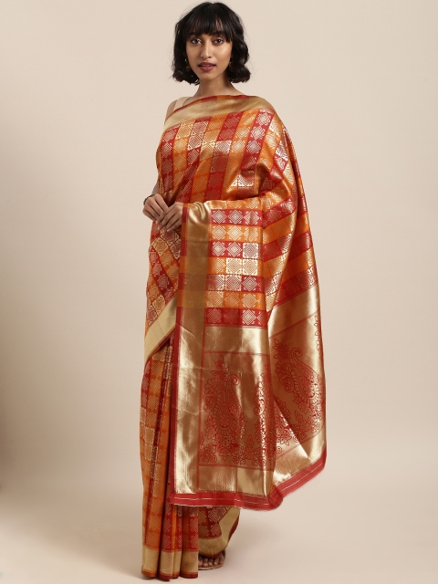 

Saree Swarg Orange & Red Silk Blend Woven Design Banarasi Saree