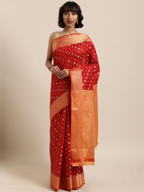 

Saree Swarg Maroon & Orange Silk Blend Woven Design Banarasi Saree