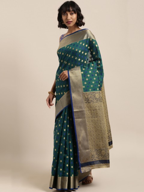 

Saree Swarg Teal Green & Golden Silk Blend Woven Design Banarasi Saree
