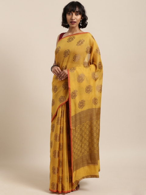 

Saree Swarg Mustard Yellow & Brown Cotton Blend Woven Design Chanderi Saree