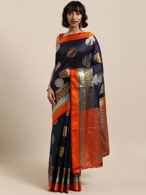 

Saree Swarg Navy Blue & Silver-Coloured Silk Blend Woven Design Banarasi Saree