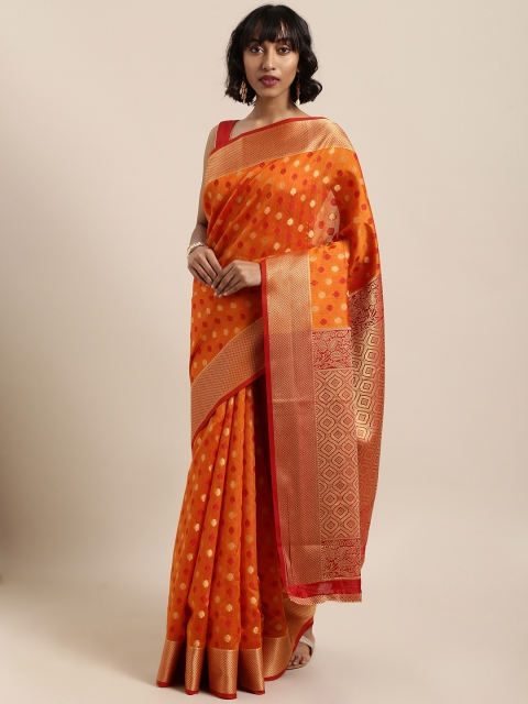 

Saree Swarg Orange & Golden Silk Blend Woven Design Banarasi Saree