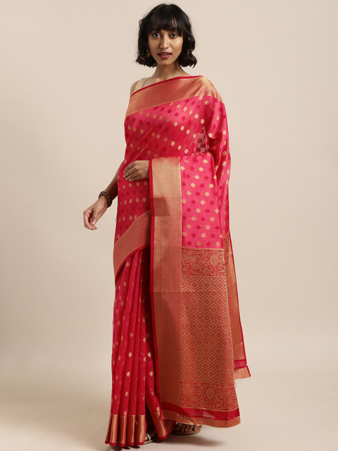 

Saree Swarg Pink & Golden Silk Blend Woven Design Banarasi Saree