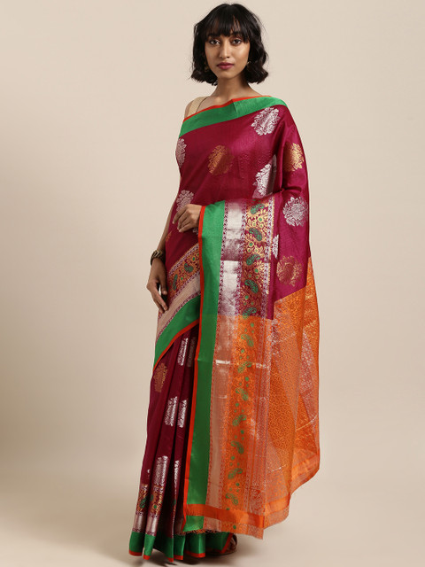

Saree Swarg Magenta Pink & Silver-Coloured Silk Blend Woven Design Banarasi Saree
