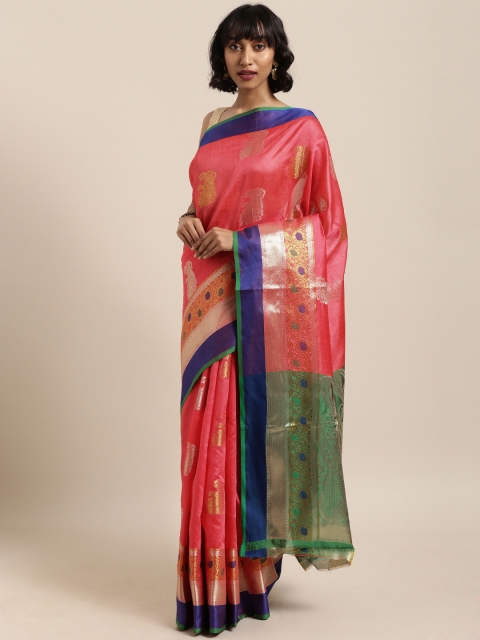 

Saree Swarg Pink & Green Silk Blend Woven Design Banarasi Saree