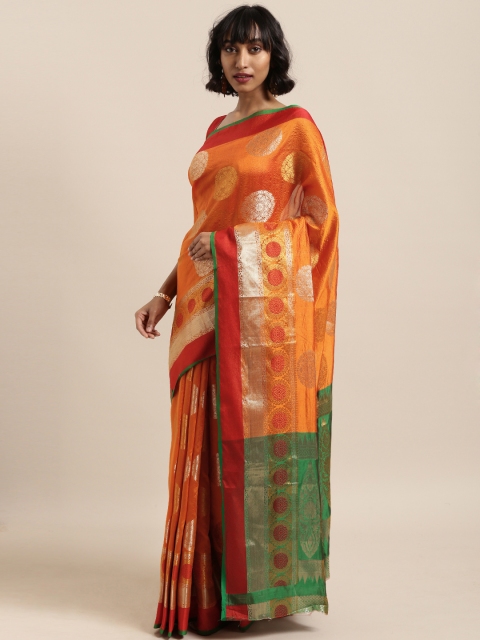 

Saree Swarg Orange Silk Blend Woven Design Banarasi Saree