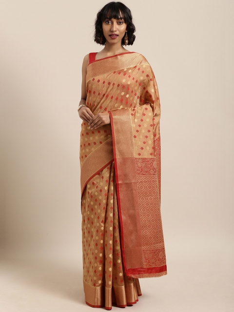 

Saree Swarg Beige & Red Silk Blend Woven Design Banarasi Saree