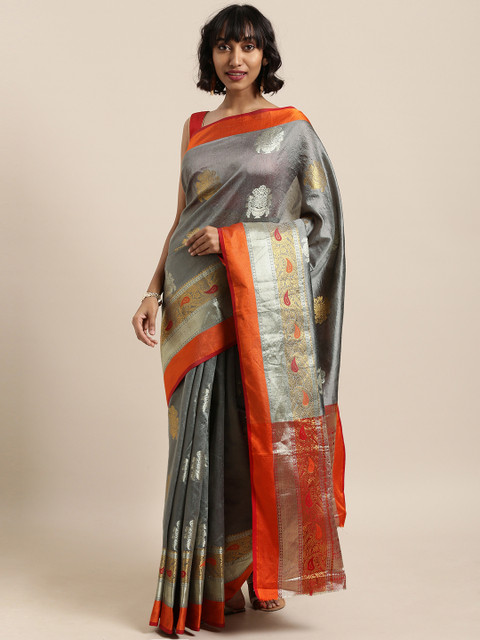 

Saree Swarg Grey Silk Blend Woven Design Banarasi Saree