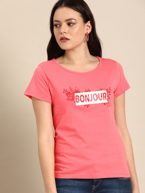 

Ms.Taken Women Pink Printed Round Neck Pure Cotton T-shirt