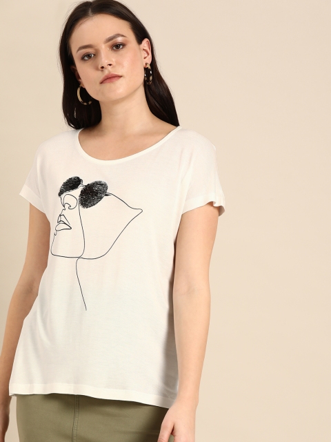 

Ms.Taken Women Off-White Printed Regular Top with Sequinned Detail
