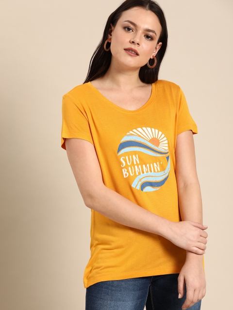 

Ms.Taken Women Yellow Printed Round Neck T-shirt