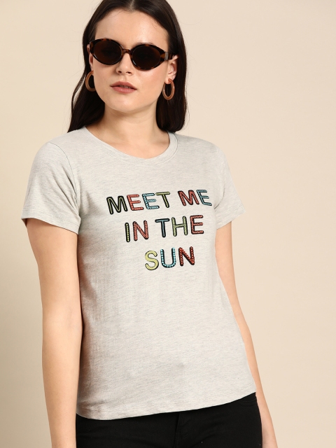 

Ms.Taken Women Grey Melange Regular Fit Printed Round Neck T-shirt