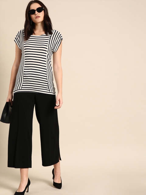 

Ms.Taken Women White & Navy Blue Striped Regular Top