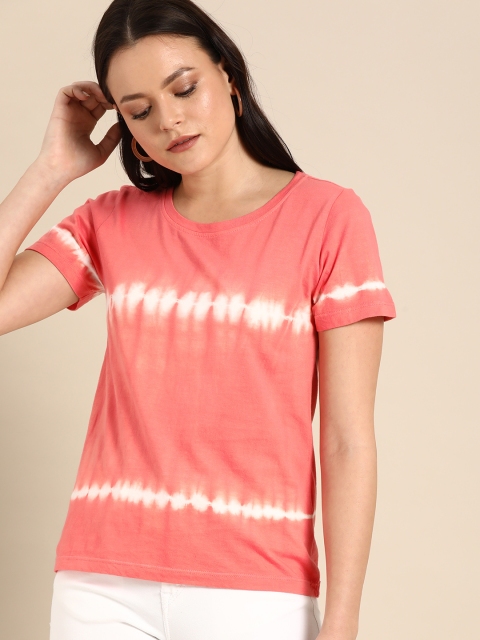 

Ms.Taken Women Pink & White Dyed Round Neck T-shirt