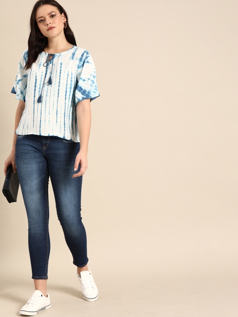 

Ms.Taken Women Off-White & Navy Blue Dyed Regular Top