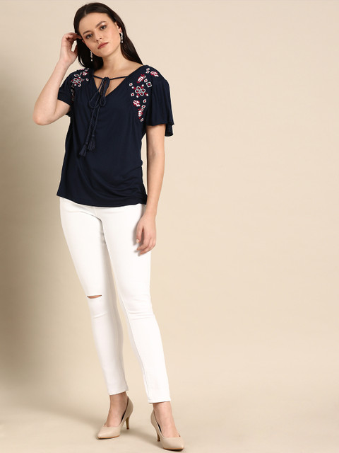 

Ms.Taken Women Navy Blue Embroidered Top with Tie-Up Detailing