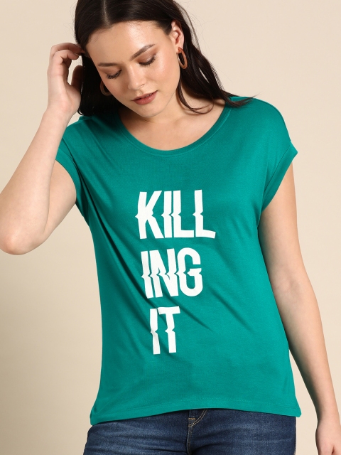 

Ms.Taken Women Teal Green Printed Round Neck T-shirt