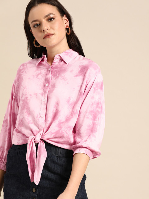 

Ms.Taken Women Pink Regular Fit Dyed Casual Shirt with Waist Tie-Up Detailing