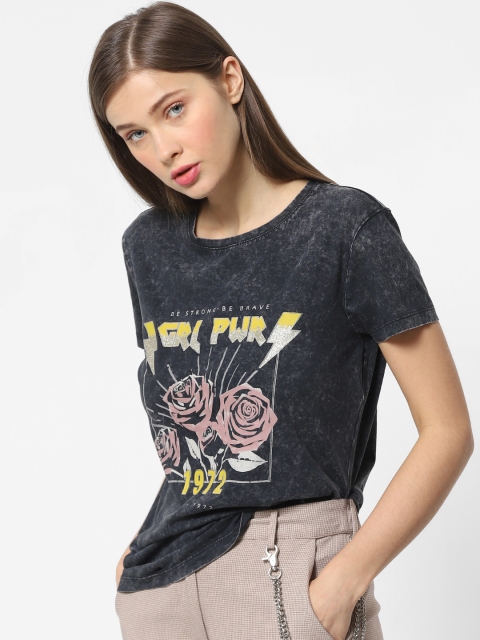 

ONLY Women Black Printed Round Neck Pure Cotton T-shirt