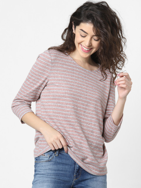 

ONLY Women Pink & Grey Striped Round Neck T-shirt With Button Detail