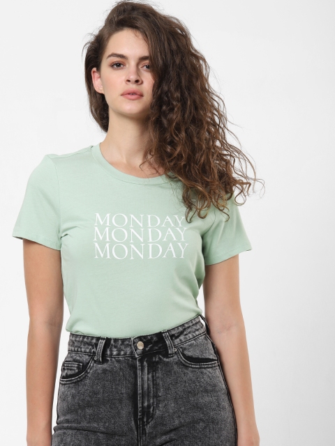 

ONLY Women Green Printed Slim Fit Round Neck Pure Cotton T-shirt