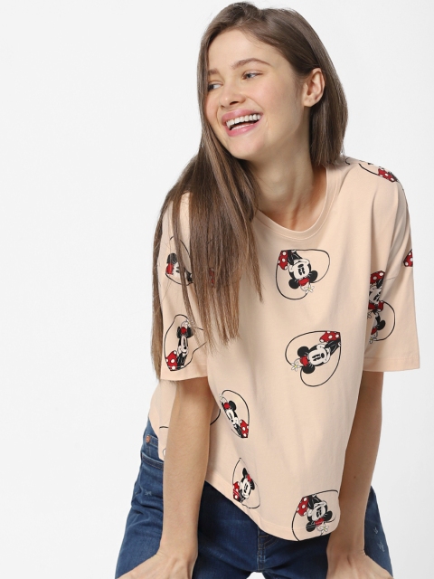 

ONLY Women Peach-Coloured Printed Round Neck T-shirt