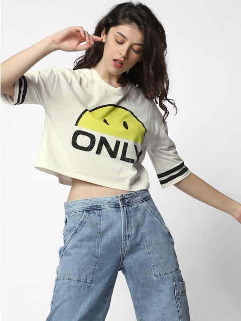 

ONLY Women White & Black Printed Loose Fit Round Neck Cropped T-shirt