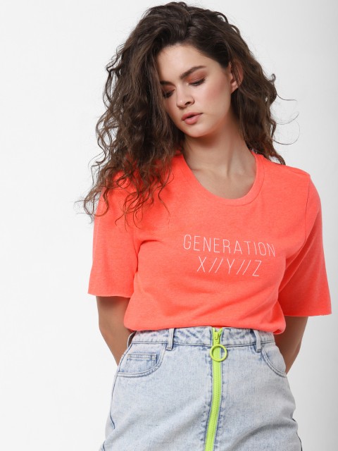 

ONLY Women Coral Orange Boxy Fit Printed Round Neck T-shirt