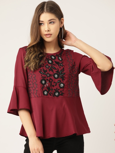 

Antheaa Women Maroon & Black Embroidered A-Line Top